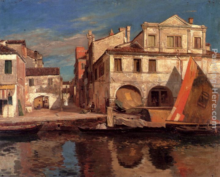 Gustav Bauernfeind Kanalszene In Chioggia Mit Bragozzo